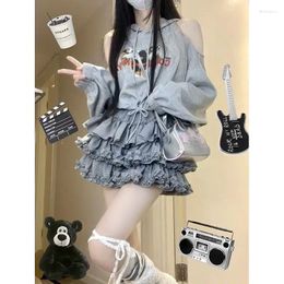 Vestidos casuales otoño mujer falda de dos piezas conjunto académico gris suelto con capucha fuera del hombro impreso sudadera media longitud femenina