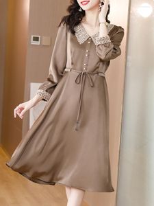 Robes décontractées automne femmes Vintage soie à manches longues robe 2023 mode Midi tuniques couleur unie coréen Chic fête moulante soirée