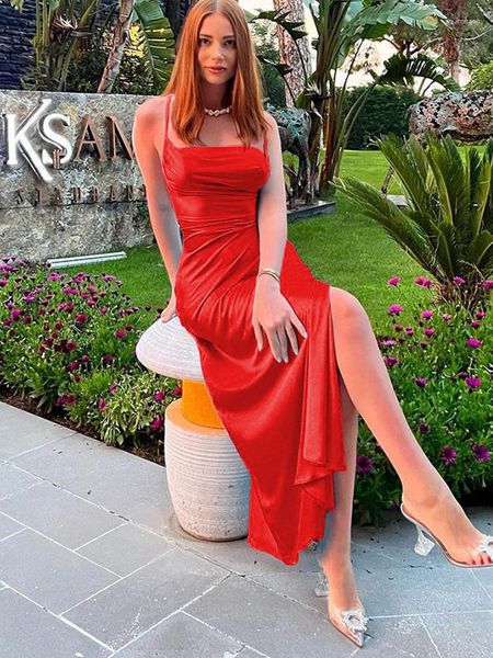 Vestidos casuales Avrilyaan satén plisado correa de espagueti sin espalda vestido Sexy mujeres elegante noche fiesta ceñido al cuerpo Vestidos largos de verano