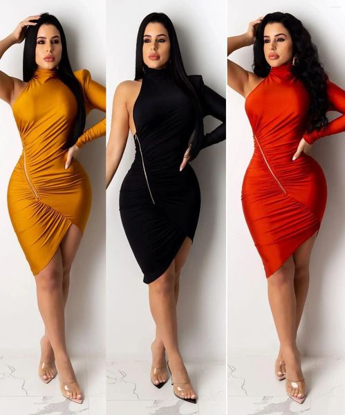 Vestidos casuales AVV 2023 Primavera Cremallera Frente Sexy Sin respaldo Manga larga Fruncido Bodycon Slit Mini vestido Turtleneck Mujeres Fiesta Night Club Wear