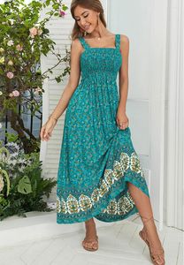 Robes décontractées Ayualin Boho Vestidos Vestidos Green Rayon Coton Solde à imprimé floral Robe pour femmes robe 2024 sans manches Summer Long