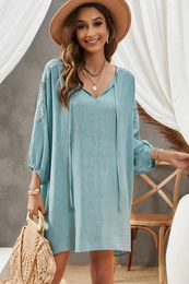 Robes décontractées Ayualin Vintage Deep V Lâche Été 2024 Solide À Manches Longues Mini Robe Pour Femmes Boho Creux Out Beach Robes