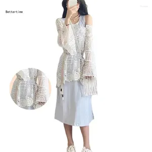 Vestidos informales B36D Mujeres Crochet hueco Agranado Catada de manga larga Tada delantera Vestido de encubrimiento de playa suelta