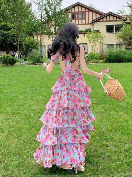 Vestidos casuales Vendaje sin respaldo Halter V Cuello Imprimir Fiesta Fiesta Pastel Vestido Mujeres 2023 Verano Talle alto Fairy Slip Long Boho Vestidos