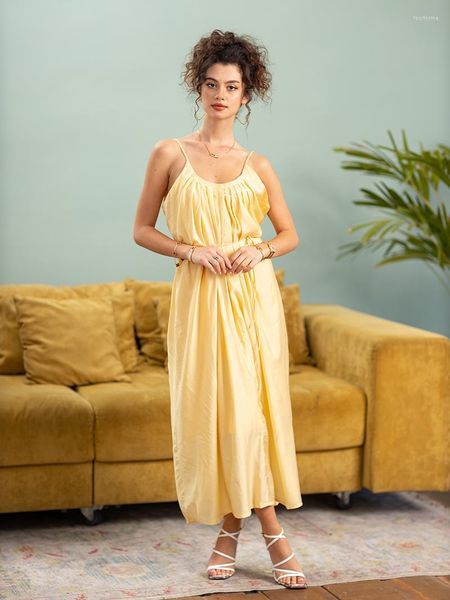 Robes décontractées dos nu longue robe de plage jaune pansement en mousseline de soie été Sexy Slip élégant Vintage sans manches Maxi pour les femmes 2023