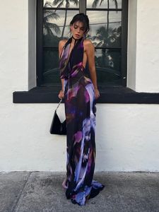 Casual jurken Backless Maxi Dress Women Sexy Purple Print Halter bodycon jurk zomer strand outfits elegante mouwloze club feestjurk 230316