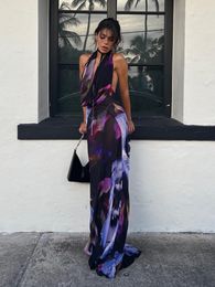 Casual jurken Backless Maxi Women Sexy Purple Print Halter Bodycon Summer Beach Outfits Elegant Mouwess Club Party 230217