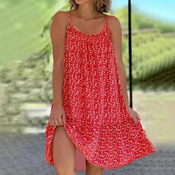 Vestidos informales Vestidos impresos sin espalda Mujeres Fit Fit Tropical Floral Print Beach para A-Line Midi con Soft U Neck Summer