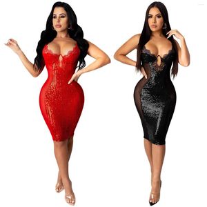 Robes décontractées Dos nu Paillettes Dentelle Y2K Robe de bal Sexy Robe d'anniversaire noire Femmes Tenues 2022 Spaghetti Strap Plussize