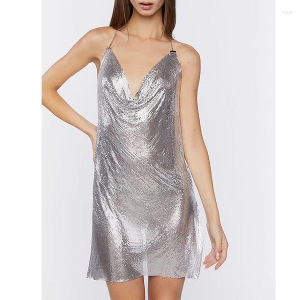 Robes décontractées dos nu argent discothèque maille métallique or sans manches chaînette col bénitier mini robe