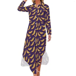 Casual jurken Bananenprintjurk Geel Paars Stijlvol Sexy V-hals Schattig Chiffon Kleding met lange mouwen Groot formaat