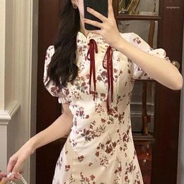 Vestidos casuales Diseño de vendaje Vintage Midi Mujeres Manga corta Elegante Vestido floral Slim Bow One Piece Coreano 2024 Sumemr Chic