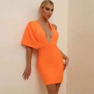 Casual jurken Bandage Dress 2023 Zomer oranje bodycon voor vrouwen sexy V nek Backless Mini Club Celebrity Party Birthday Outfit