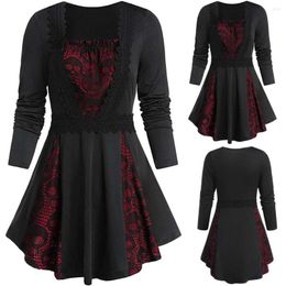 Casual jurken Bandage Dress Celebrity Wome Plus Size Skull Lace Insert Long Sleeve Contrast Flare T-Shirt #4