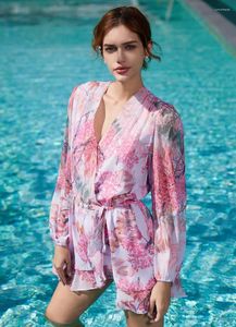 Robes décontractées Bandage à volants courte robe de soirée d'été rose floral sexy portefeuille mini polyester à manches longues plage pour les femmes 2024