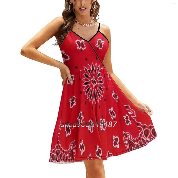 Vestidos casuales Bandana-Red Sweet Summer Sling Mujeres coreanas Sexy Sundress Bandana Red Cowboy Southwestern Western Back