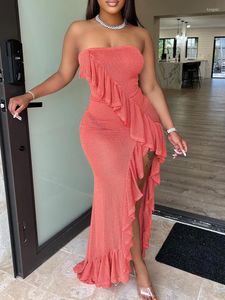 Vestidos casuales Bandeau Ruffle Hem High Slit Maxi Dress Mujeres Sexy See Through Mesh Party