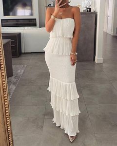 Casual Jurken Bandeau Gesmokt Ruffle Zoom Gelaagde Jurk Vrouwen Strapless Mouwloos Slash Neck Effen Kleur Hoge Taille Zomer