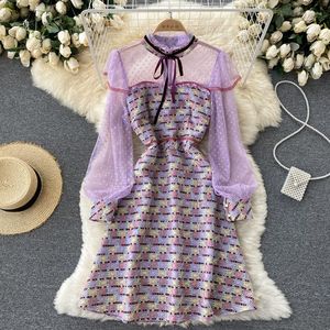 Casual jurken Banulin 2023 Autumn Women Fashion Plaid Borduursjurk Lange mouw Prachtige ruches Dot Lace Runway Party Midi