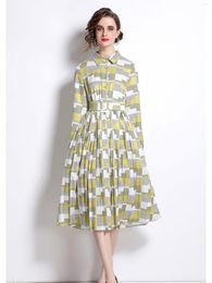 Robes décontractées Banulin printemps mode pied-de-poule imprimé robe plissée femmes manches longues ceintures taille élastique bureau dames longue fête