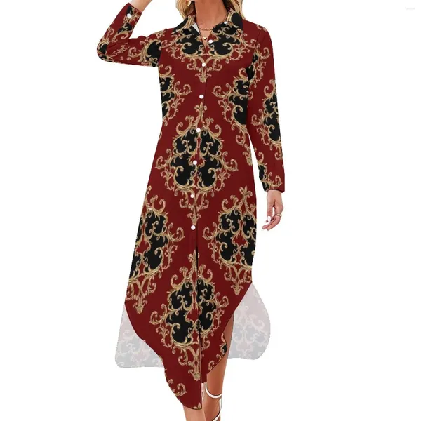 Robes décontractées Robe en mousseline de soie imprimée baroque Or Noir Damask Kawaii Femmes Manches longues Style de rue Col V Personnalisé Surdimensionné