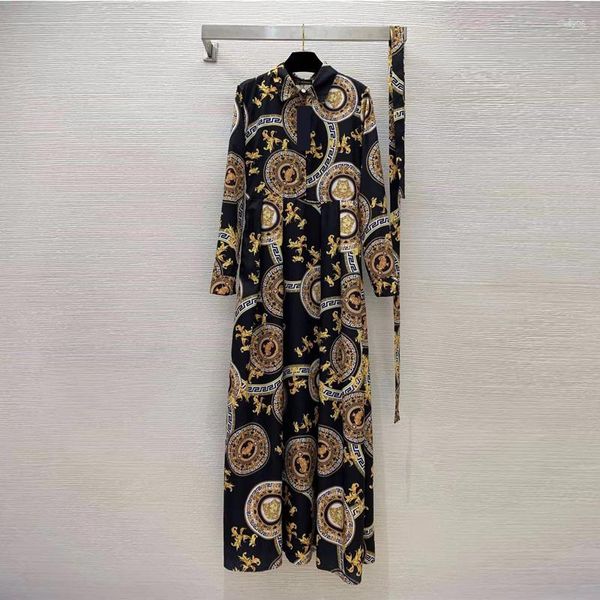 Vestidos casuales barroco Retro estampado Polo cintura alta manga larga Maxi para mujeres primavera 2023 moda coreana ropa elegante señoras