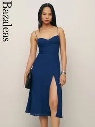 Robes décontractées Bazaleas Store Élégant Bleu Foncé Femmes Rétro Slim Spaghetti Straps Robe Sexy Split Tube Top Party 2024