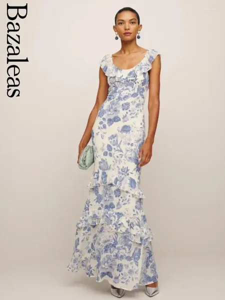 Robes décontractées Bazaleas-Women's Elegant Blue Floral Print Ruffles Robe Sexy Chiffon Women's Clothing 2024