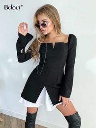 Robes décontractées Bclout élégante robe noire femmes 2022 automne manches bouffantes taille haute Sexy Mini robes mode Patchwork fente robe de soirée femme Z0216