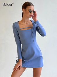 Robes décontractées Bclout Mode Bleu Femmes 2024 Printemps À Lacets À Manches Longues A-ligne Parti Élégant Solide Bureau Dame Slim Mini Robe