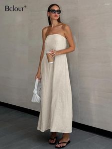 Vestidos informales BCLOUT Fashion Caki Linen A-Line Dress Women 2024 Pockets de verano Strepless Long Long Solid Midi Femenino Vacaciones