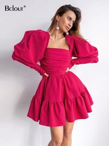 Casual jurken bClout Fashion Red Dress Women 2023 Winter Puff Sleeve Backless Sexy Evening Chic Ruched A-Line Slim Party Vintage