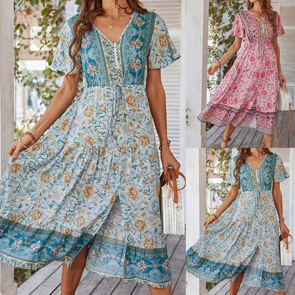 Vestidos informales Beach Boho Dress Women Manga corta V Botón de cuello Down Ettnic High Wisting Una línea Belte de flujo dividido Bohemio Long