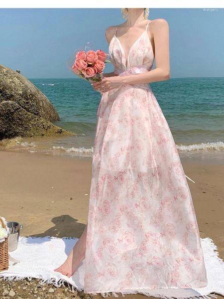 Robes décontractées Robe de plage pour les femmes 2024 Été sexy sans dos ponctuel Super Fairy Floral Floral White Seaside Vacation