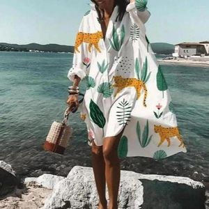 Casual jurken strandjurk blad print vakantie dekmantel voor vrouwen losse lange mouwen shirt type mini zomer bikini