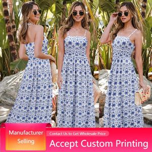 Casual jurken strand maxi zomer mode halter vetersluiting vestidos blauwe rugloze print jurk vrouw sexy boho lang