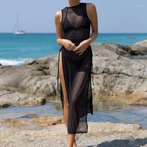 Robes décontractées Plage Soleil Protection Bikini Cover-up Sexy Maxi Dress Femme Solide Col Ras Du Cou Sans Manches Taille Haute Cordon Sheer Mesh