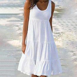 Vestidos casuales Playa Sundress de gran tamaño suelto para mujeres Color sólido Sin mangas Volantes Mini vestido 2024 Vestidos femeninos