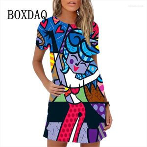 Robes décontractées plage robe d'été été mignon Kawaii dessin animé impression femmes robe peinte à la main motif abstrait à manches courtes lâche a-ligne