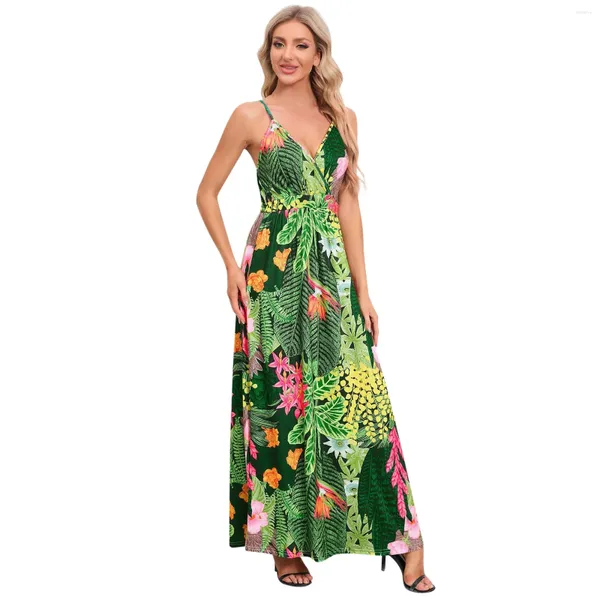 Robes décontractées plage jhobe robe femme 2024 Summer Boho Tropical Print Robe Sexy V Venture Sling Sling Sling Vendress Vestidos