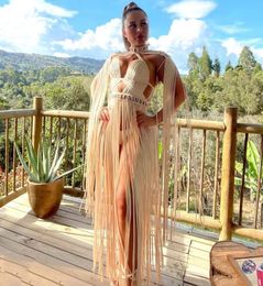 Casual jurken Beachapche witte dames coltrui long Tassel sexy perspectief ontwerp maxi jurk mode nachtclub runway macrame jurk 230420