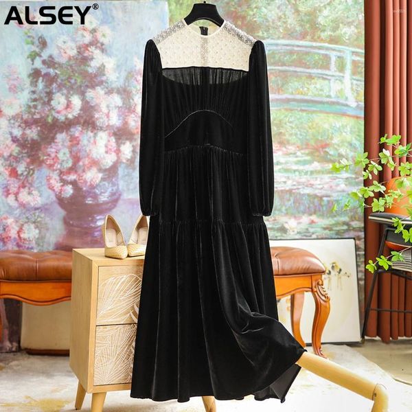 Robes décontractées à manches perlées à manches de lanterne française robe noire en velours français pour l'automne simple style coréen plus taille de taille