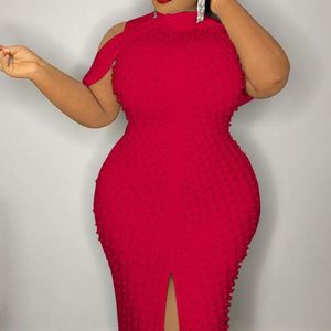 Casual Jurken Kralen Rood Plus Maat 4XL 5XL Bodycon Jurk Luxe Elegante Avond Party Diner Robe Vestidos Back Split Femme 2021