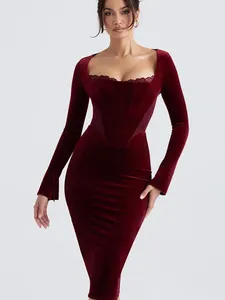 Robes décontractées Beaukey 2024 Sexy pour les femmes dentelle vin rouge robe moulante longueur midi mince fête célébrité longue évasée robes