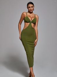 Casual jurken Beaukey Army Green 2023 voor vrouwen Khaki Bandage Dress Sexy Club Celebrity Evening Hollow Party Bodycon enkel Lengte XL