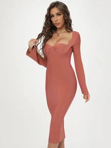 Robes décontractées Beaukey Classique Vintage Rose Rosa Bandage Manches Longues Robe Flare Qualité Bustier Midi Tricoté Mince Épais Robes