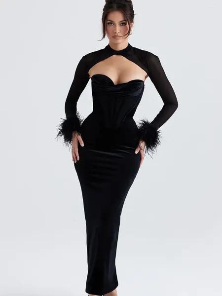 Vestidos casuales BEAUKEY Sexy plumas negras vestido bodycon malla manga larga midi fiesta noche club 2024 para mujeres vestidos de hueso de pescado
