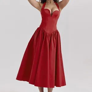 Casual jurken prachtige swing off schouder a-line jurk dames zomer backless halter big zoom elegante 2024 hoge taille los lang