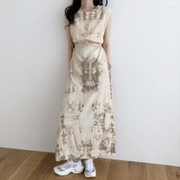 Casual jurken Beige Tie Dye Hollow Out Taille Drawtring Womne's Vest Long Dress Pullover Summer Koreaanse chic Fashion Daily Wear Clothing