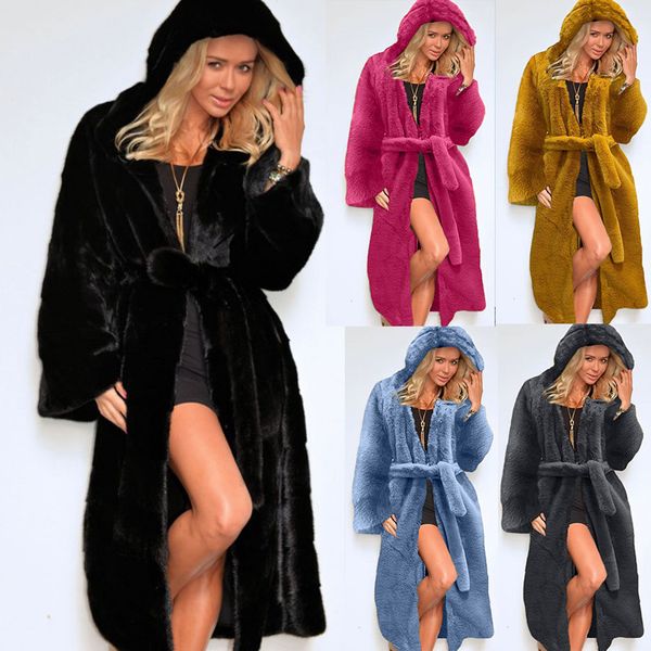 Manteau en fausse fourrure pour femmes, manteau rembourré à capuche, manteau épais et Long en peluche, Trench-Coat pour femmes